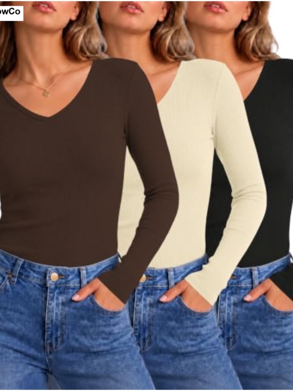 3 Pack Womens Long Sleeve V Neck Ribbed Knit Cotton Tops Slim Fit Casual